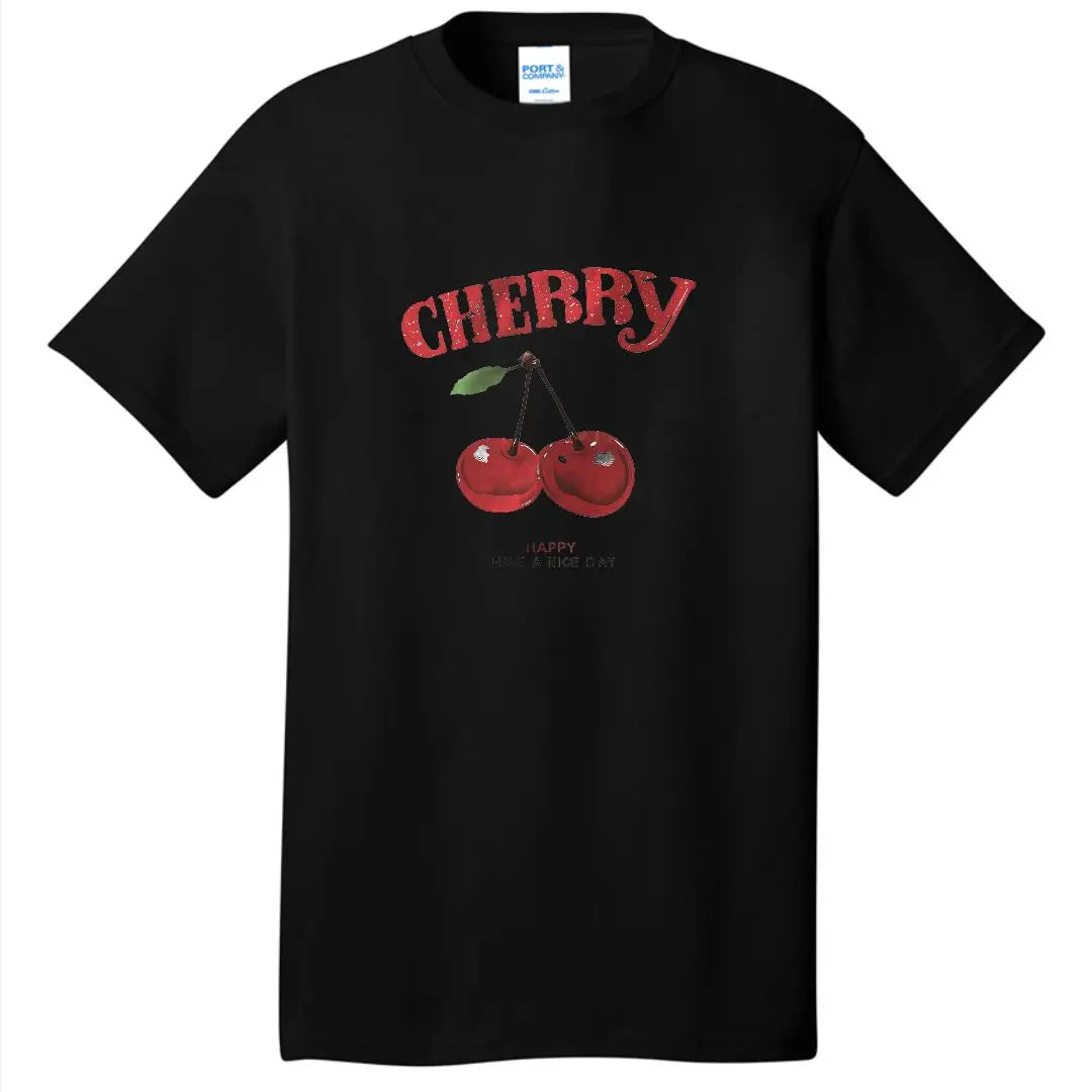 Cherry Print Casual Fashion White Versatile Loose Round Neck T-Shirt