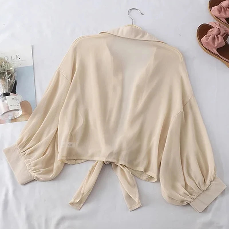 Women Summer Bat Half Sleeve Chiffon Shirt Casual Loose Button