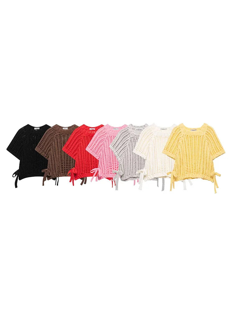 Solid Color Skeleton Knit Short Top Vintage