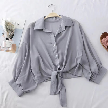 Women Summer Bat Half Sleeve Chiffon Shirt Casual Loose Button
