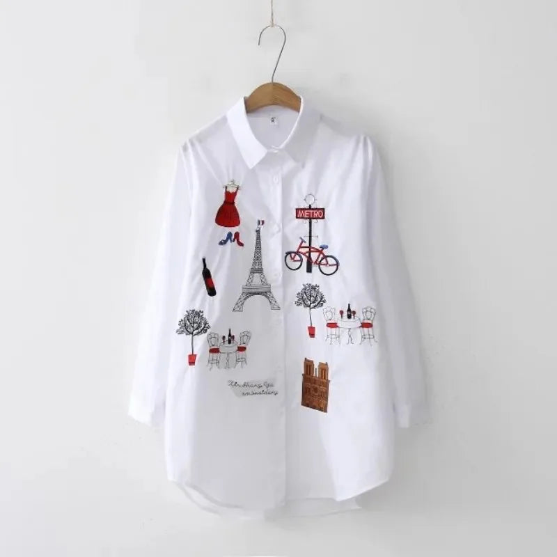 Women Spring Autumn Style Long Sleeve Embroidery Cotton Blouses Shirts