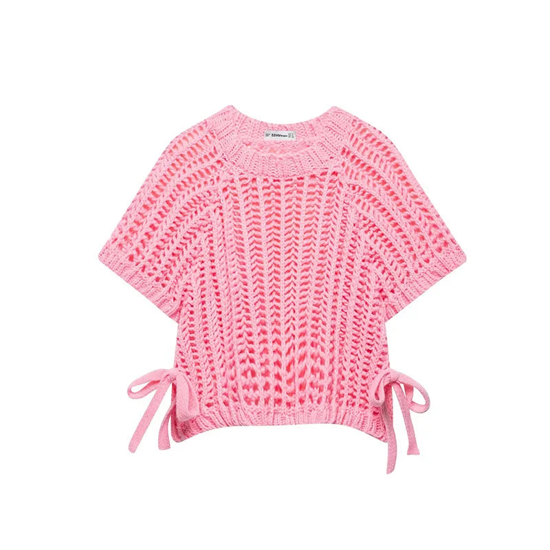 Solid Color Skeleton Knit Short Top Vintage