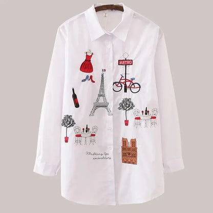 Women Spring Autumn Style Long Sleeve Embroidery Cotton Blouses Shirts