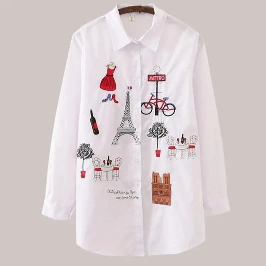Women Spring Autumn Style Long Sleeve Embroidery Cotton Blouses Shirts
