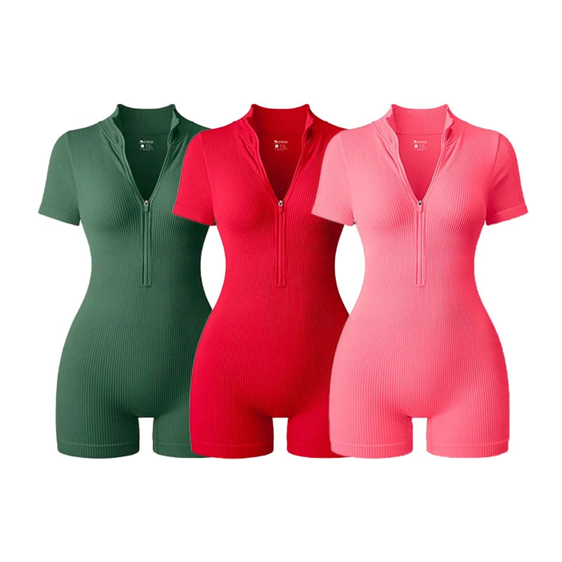 Yoga Jumpsuit Summer Short Sleeve Zipper Sports Wear