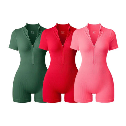 Yoga Jumpsuit Summer Short Sleeve Zipper Sports Wear