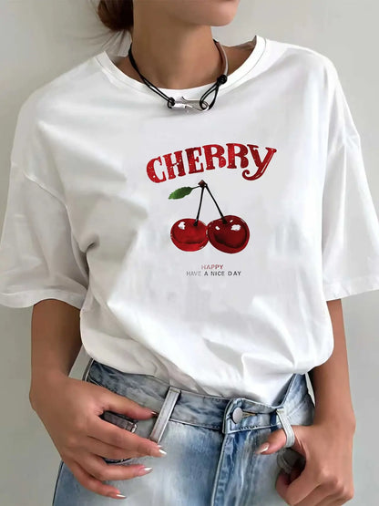 Cherry Print Casual Fashion White Versatile Loose Round Neck T-Shirt