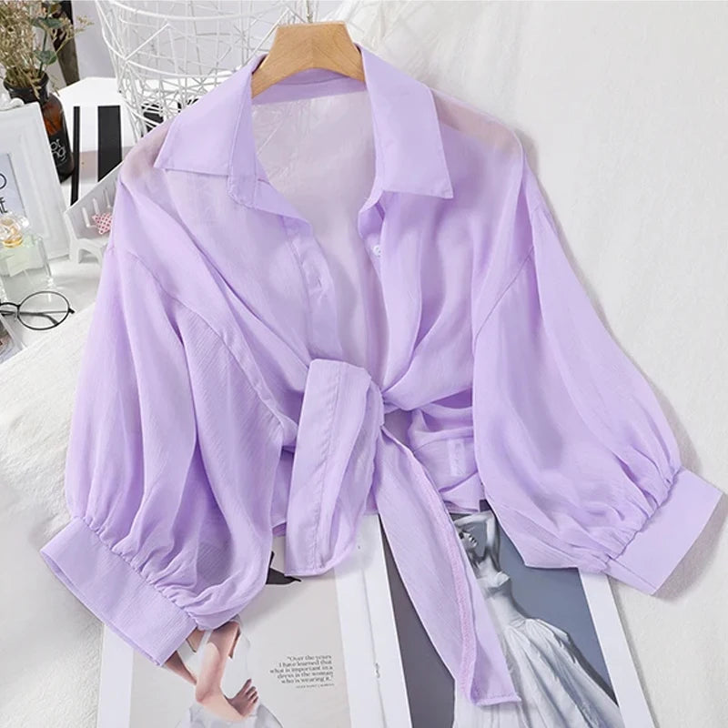 Women Summer Bat Half Sleeve Chiffon Shirt Casual Loose Button