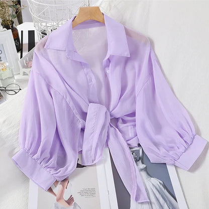 Women Summer Bat Half Sleeve Chiffon Shirt Casual Loose Button
