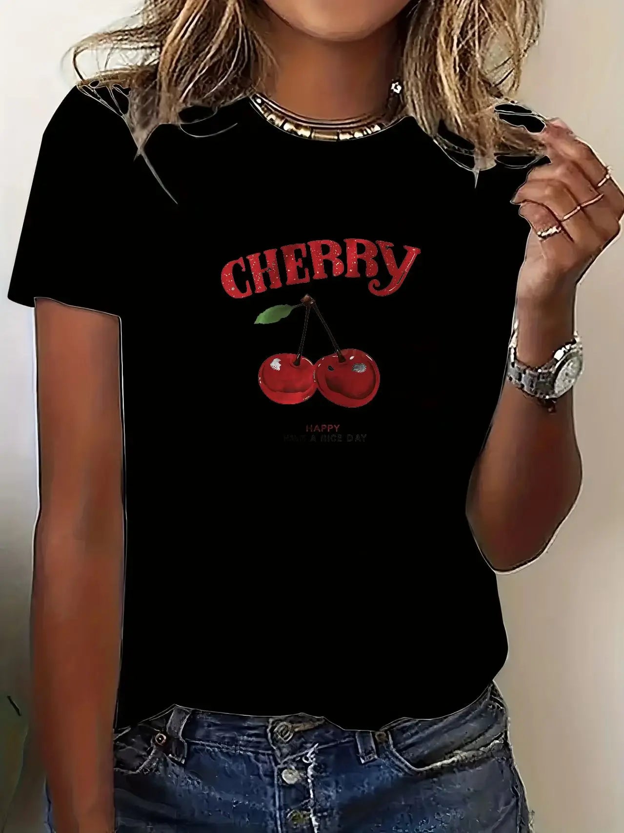 Cherry Print Casual Fashion White Versatile Loose Round Neck T-Shirt