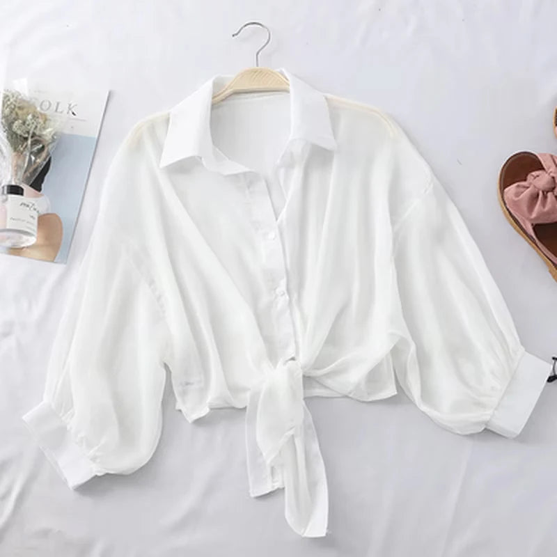 Women Summer Bat Half Sleeve Chiffon Shirt Casual Loose Button