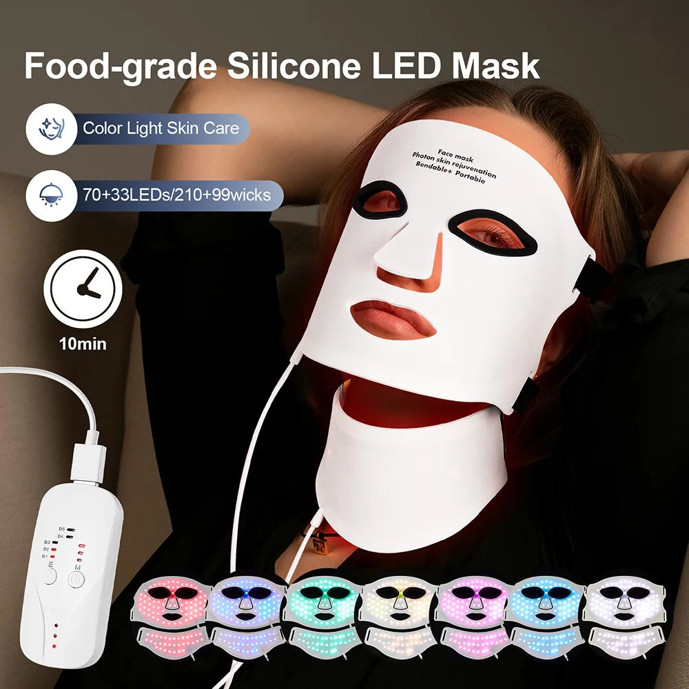 Silicone LED Mask Face With Neck 7 Colors LED Photon Red Light