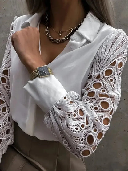 White Sexy Lace Hollow out Women Long Sleeve Tops
