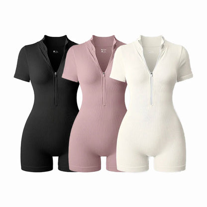 Yoga Jumpsuit Summer Short Sleeve Zipper Sports Wear