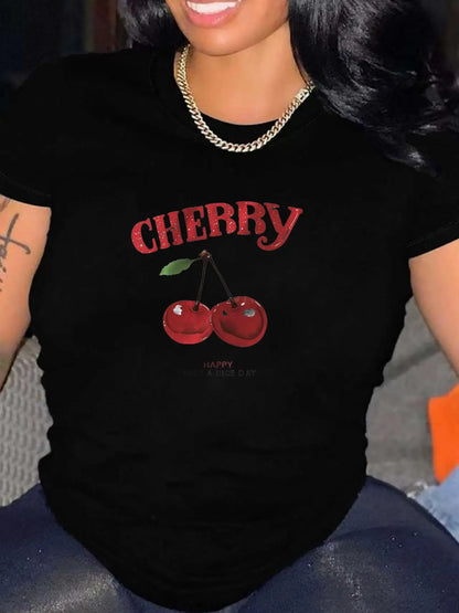 Cherry Print Casual Fashion White Versatile Loose Round Neck T-Shirt