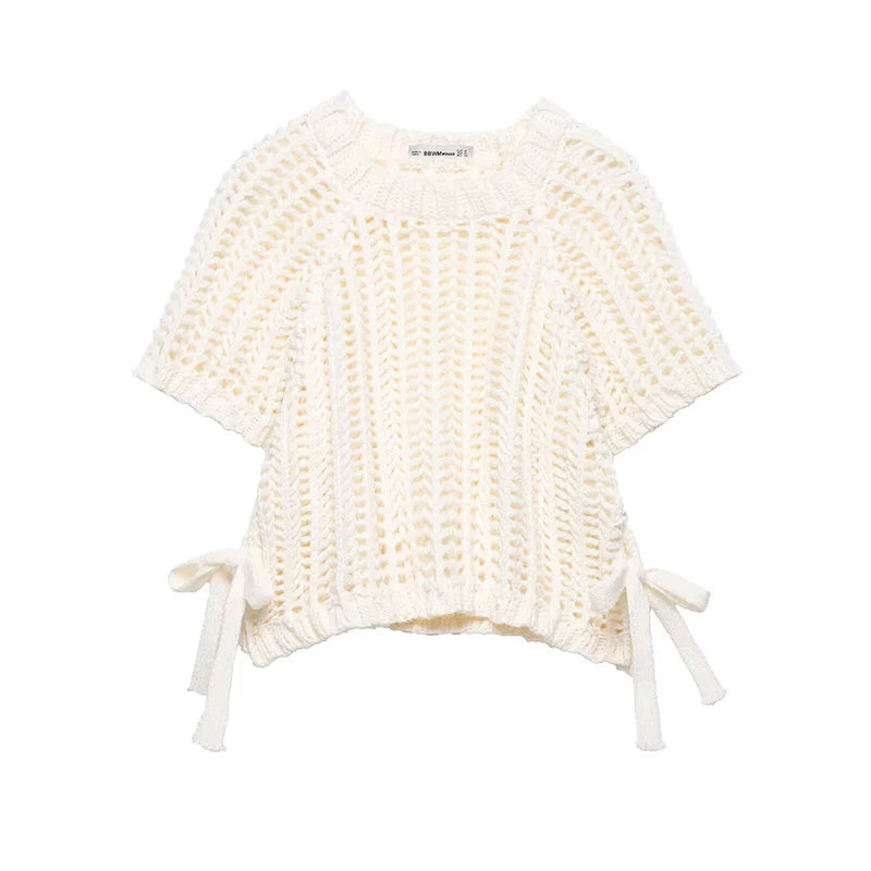 Solid Color Skeleton Knit Short Top Vintage