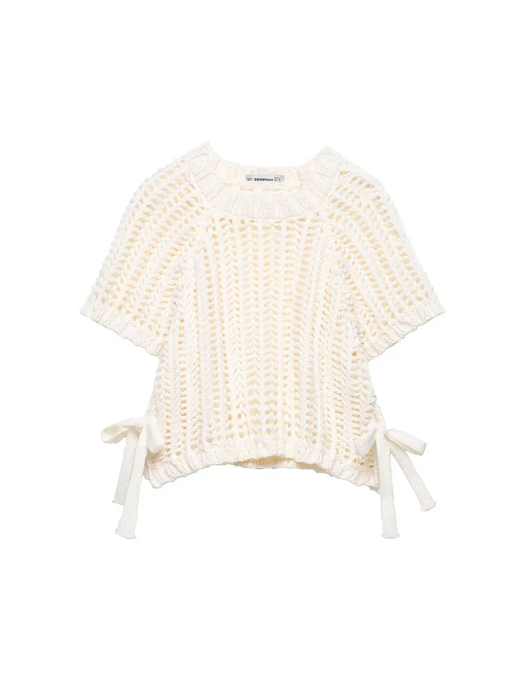 Solid Color Skeleton Knit Short Top Vintage