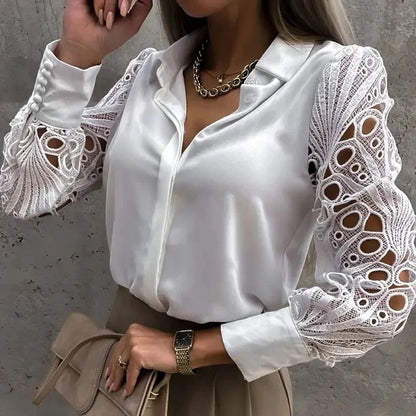 White Sexy Lace Hollow out Women Long Sleeve Tops