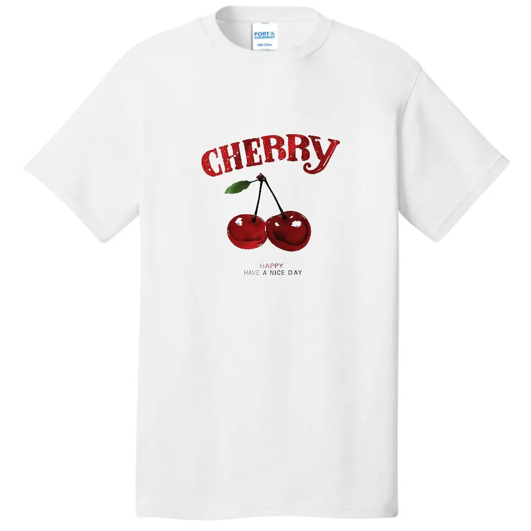 Cherry Print Casual Fashion White Versatile Loose Round Neck T-Shirt
